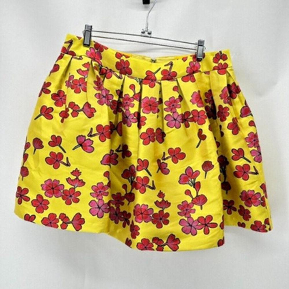 alice + olivia Womens 12 Skater Skirt Yellow Embroidered Poppy Floral Pleats NWT